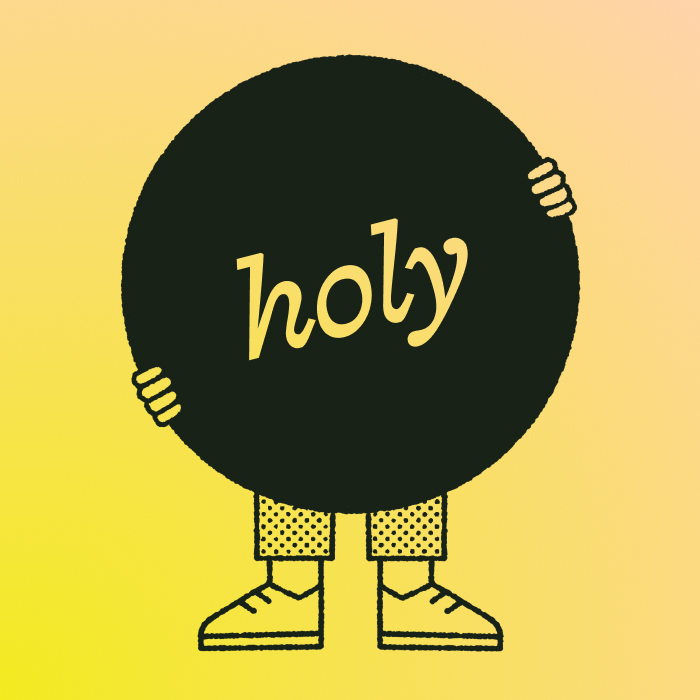Ilustracja postaci, która trzyma koło z logo Holy Studio