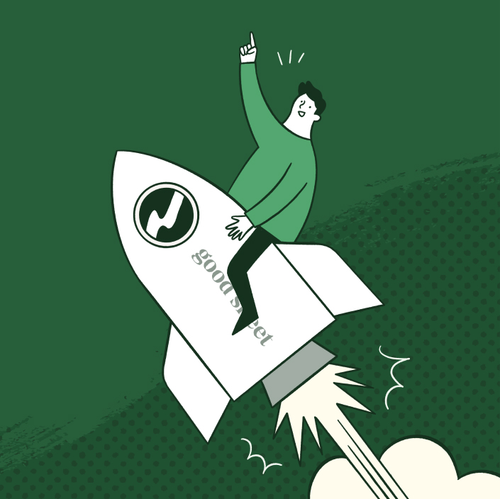 Ilustracja postaci z aplikacji Good Sheet na lecącej rakiecie