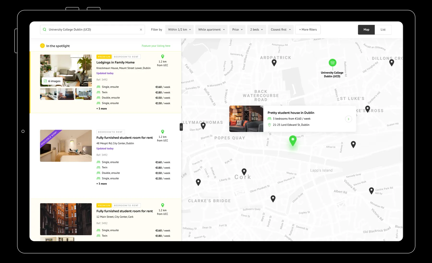 Mapa ogłoszeń College Cribs na tablecie
