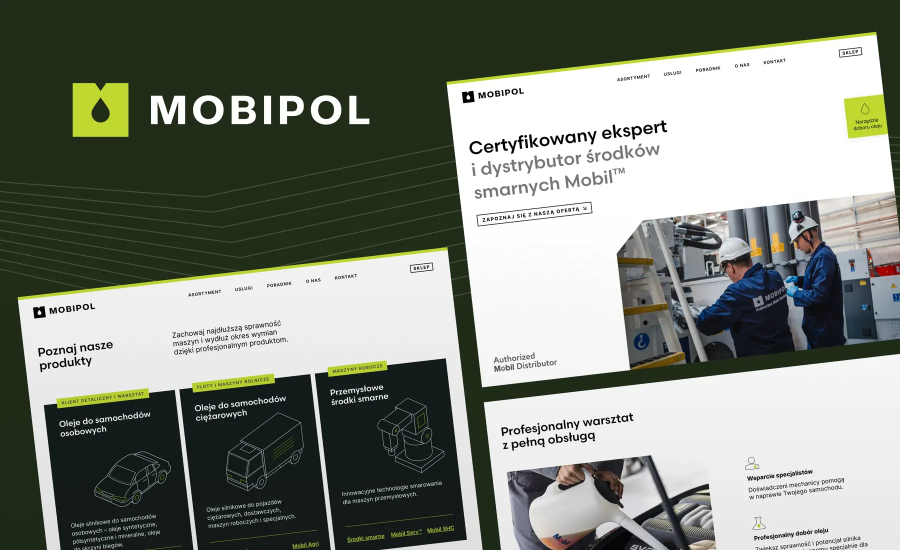 Mobipol identity and glimpses of its new website on a dark background