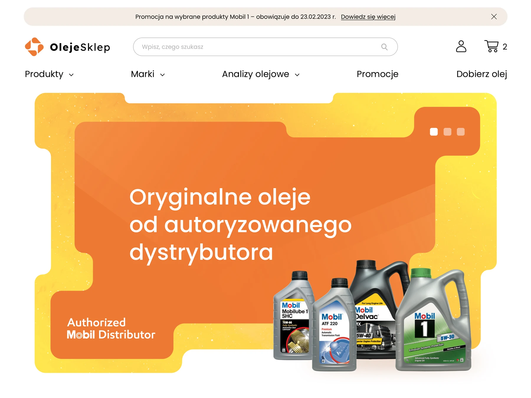 Oleje Sklep homepage featuring Mobil oils