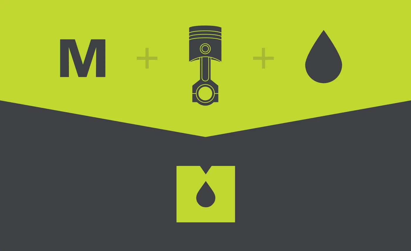 Mobipol logo construction: the letter M, a piston and a drop of oil
