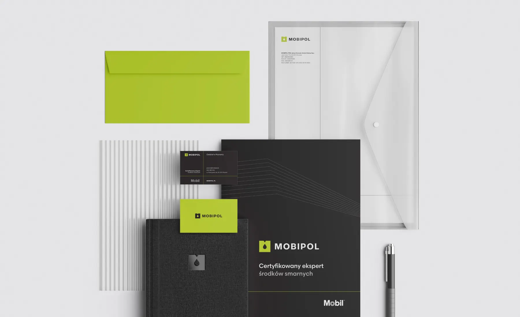 Mobipol materials: business card, envelope, notebook and folder