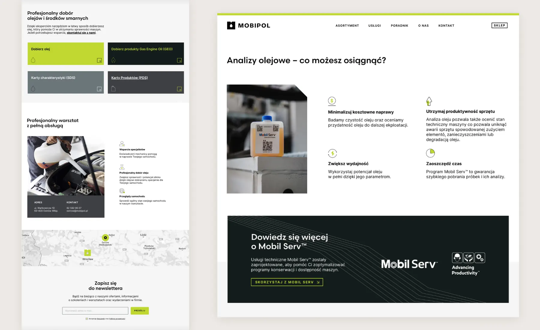 Mobipol website pages for lubricant selection and oil analysis